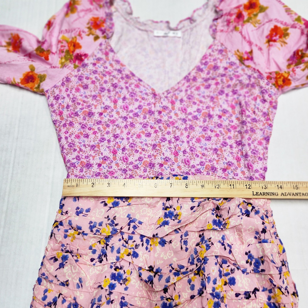 Patchwork Pink Floral Mini Dress Tiered Ruffle Balloon Sleeves  Boho Romantic XS - Picture 7 of 11